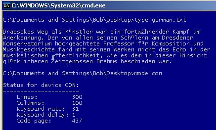 Screen shot of German text with codepage=437, the Windows' default.