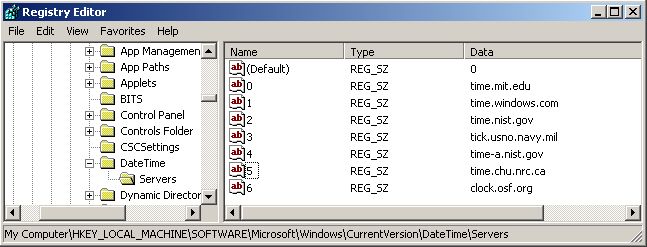 HKEY_LOCAL_MACHINE\SOFTWARE\Microsoft\Windows\CurrentVersion\DateTime\Servers